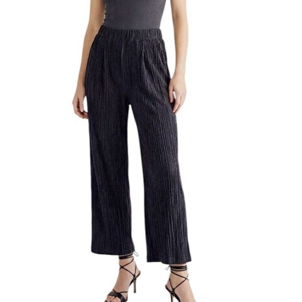 Womens Pants Size XS High Waist Crinkle Textured Black Wide Leg Stretch Line
